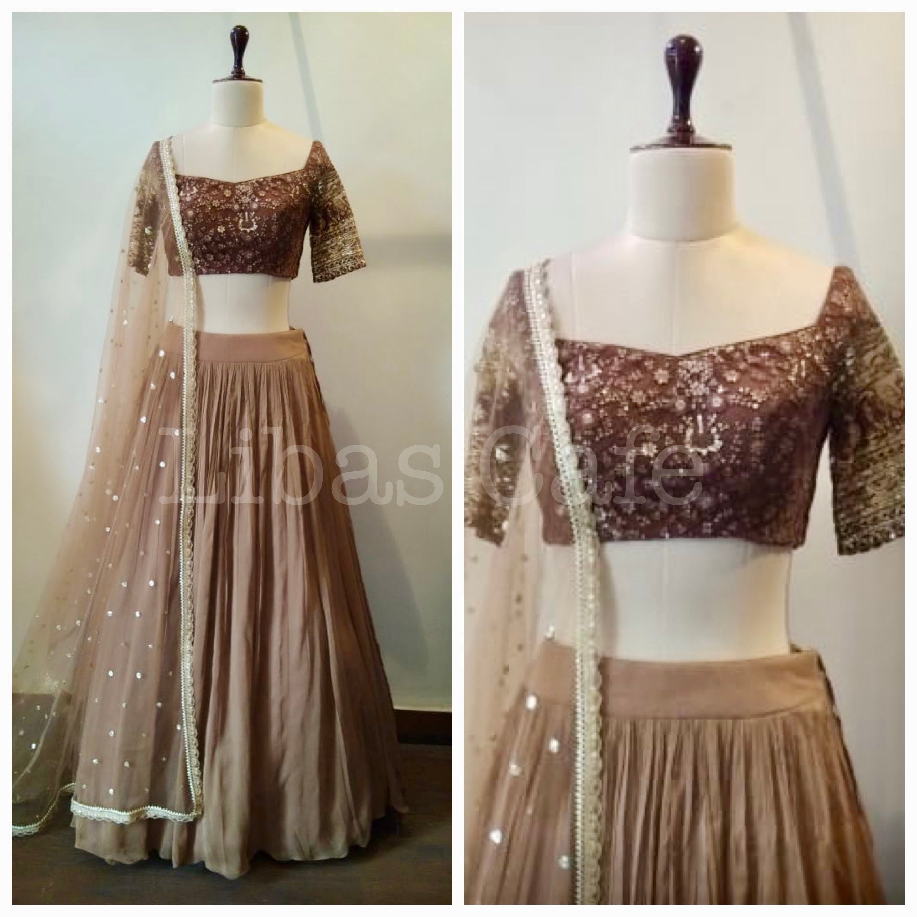 Brown Thread Embroidered Lehenga